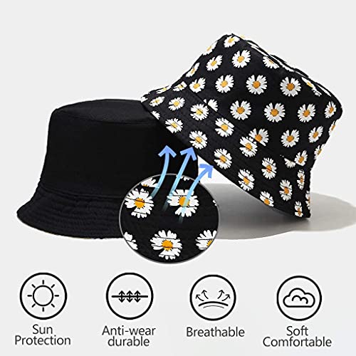 PALAY® Bucket Hats for Women Little Daisy Print Cotton Fisherman Beach Hats Foldable Reversible Bucket Outdoor Casual for Ladies Girls Cap White