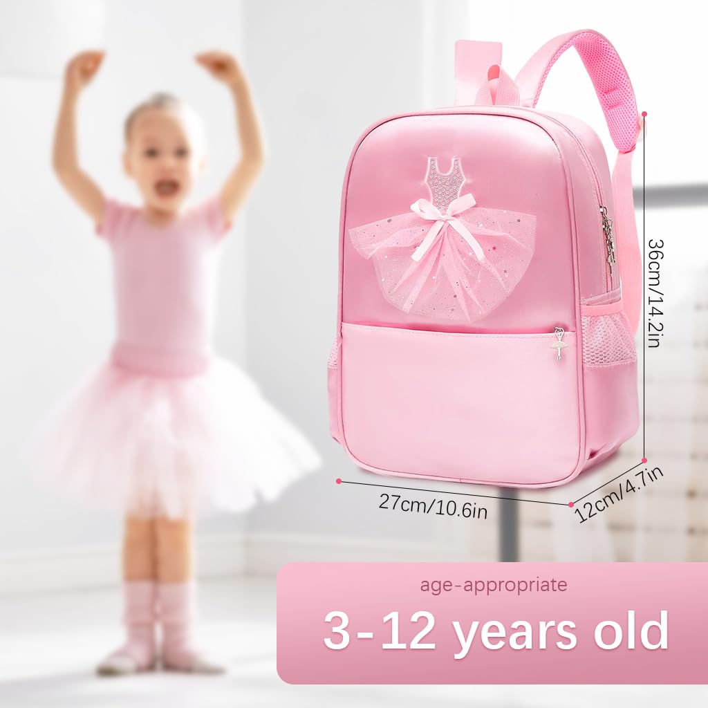 PALAY Girls Backpack for School and Travel with Writable Name Tag | Pink Nylon Ballet Dress Design