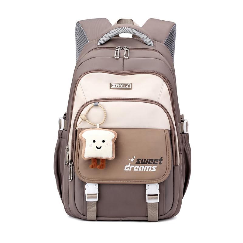 PALAY® School Backpack Multi Compartment Schoolgirls Backpack Khaki Cute Cartoon Backpack Casual Travel Backpack Padded Shoulder Strap Students Book Bag Carry-on Backpack Children's Day Gift