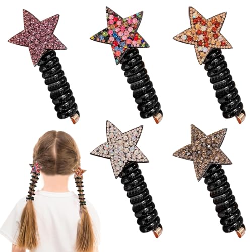 PALAY® 4 Pack Kids Hair Accessories for Girls Telephone Wire Hair Ties Cute Star Spiral Hair Bands Elastic Rhinestone Girls Hair Accessories for Kids Braids Ponytail Holder Maker