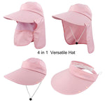 PALAY® Peach Powder Women Sun Wide Brim UV Protection Fishing Hat with Foldable Ponytail Summer Hats with Detachable Flaps