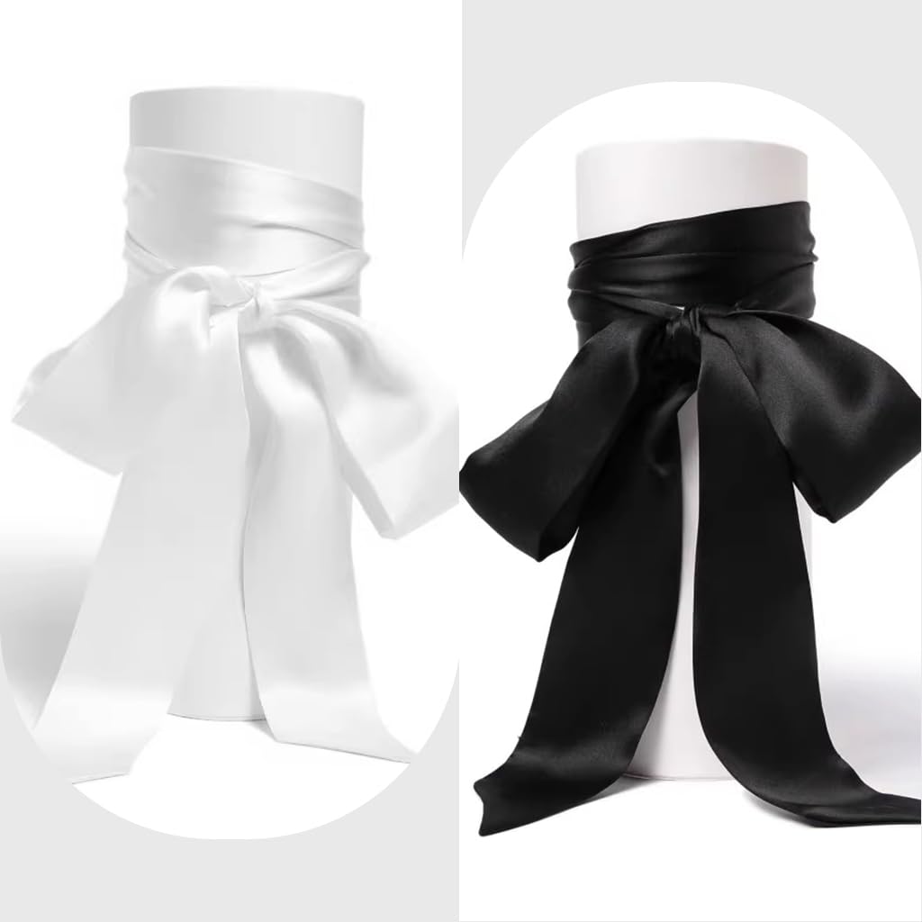 PALAY® Chiffon Sash Belts Black and White Set of 2pcs Chiffon Sash Belts Luxury Silk-touch Waist Belt Dress Sash Belt for Dresses, Blouses, Evening Dress, 1.5 inches x 125 inches