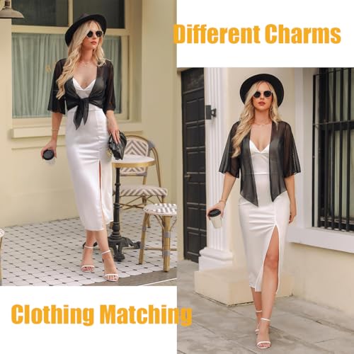 PALAY® Shrugs for Women Stylish Summer Cropped Cardigan, Western Party Chiffon Front Tie Beach Wear Cover Up Black Shrug for Women Dress (Size L, Middle Sleeves)