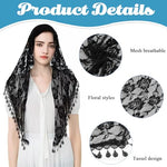 PALAY® Triangle Lace Mantilla Veil Head Scarf Church Mass for Women Embroidery Rose Tassel Ladies Cathedral Covering Wedding Bridesmaids Black 3PCS