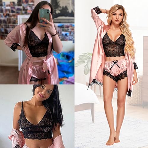 PALAY® Women Lingerie Underwear Suit Set of 8PCS Silk Lace Longsleeve Robe Black Bra Thong M