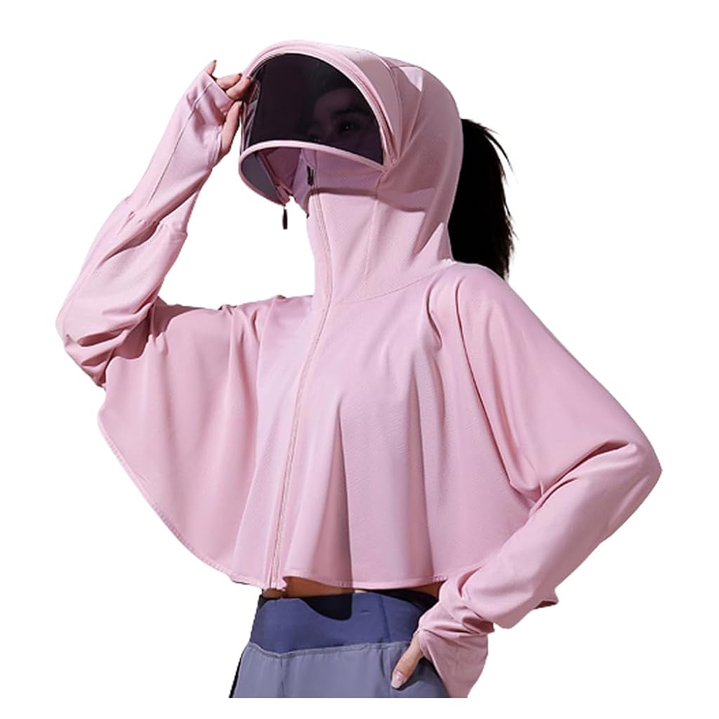 PALAY® Sun Protection Clothing Women UPF 50+ Protective Sun Protection Clothing Long Sleeve Ice Silk Protective Sun Protection Clothing with Removable Sun Visor, Pink