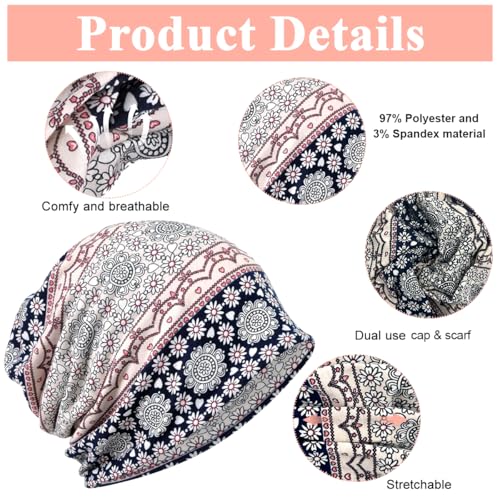 PALAY® Hijab Caps for Women Slouchy Beanie Floral Print Head Scarf Chemo Fashion Stretch Soft Hip-Hop Skull Dwarf Hats for Teen Girls 3 PCS