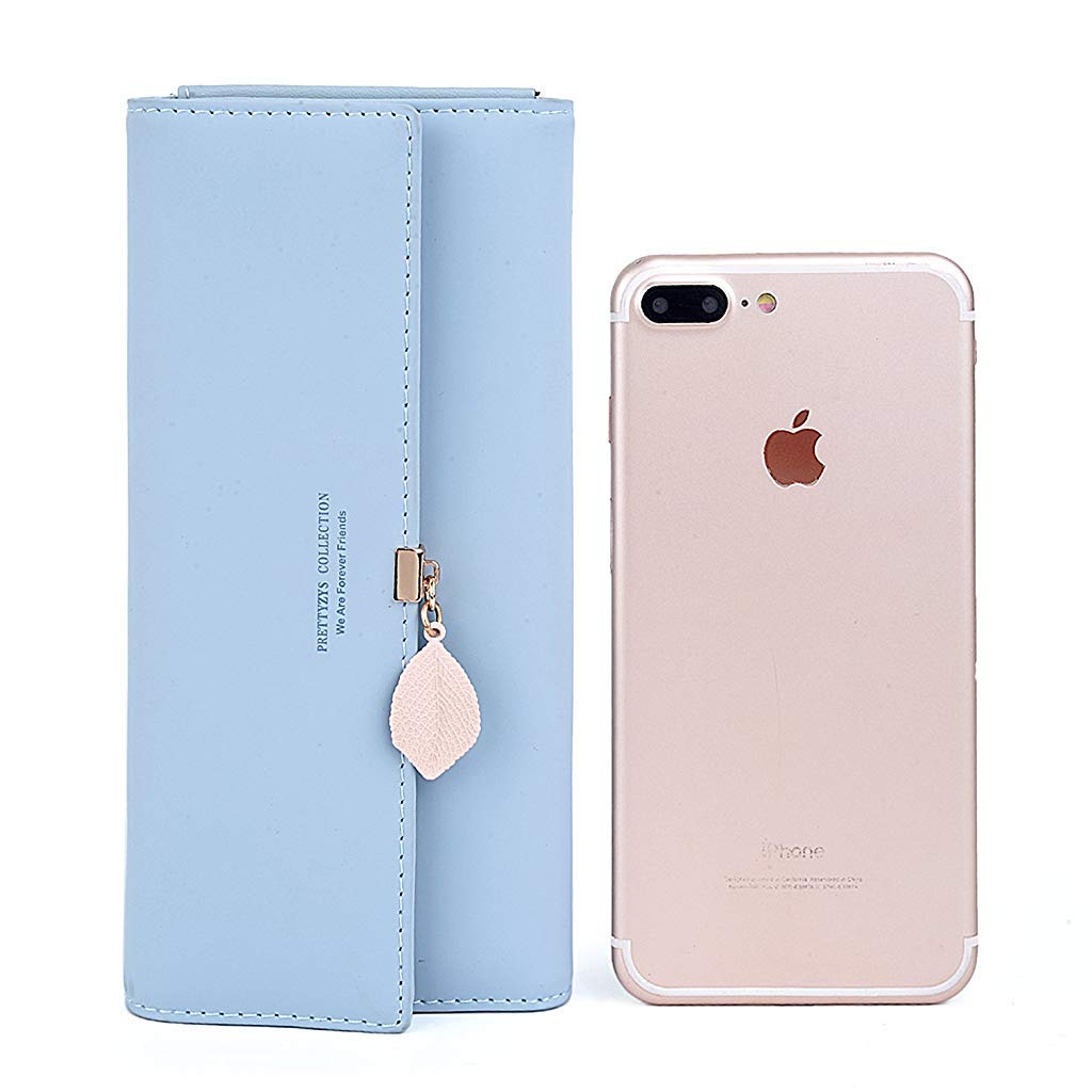 PALAY® Womens PU Leather Long Wallet Leaf Pendant Card Holder Phone Pocket Girls Zipper Coin Purse Blue 3PCS