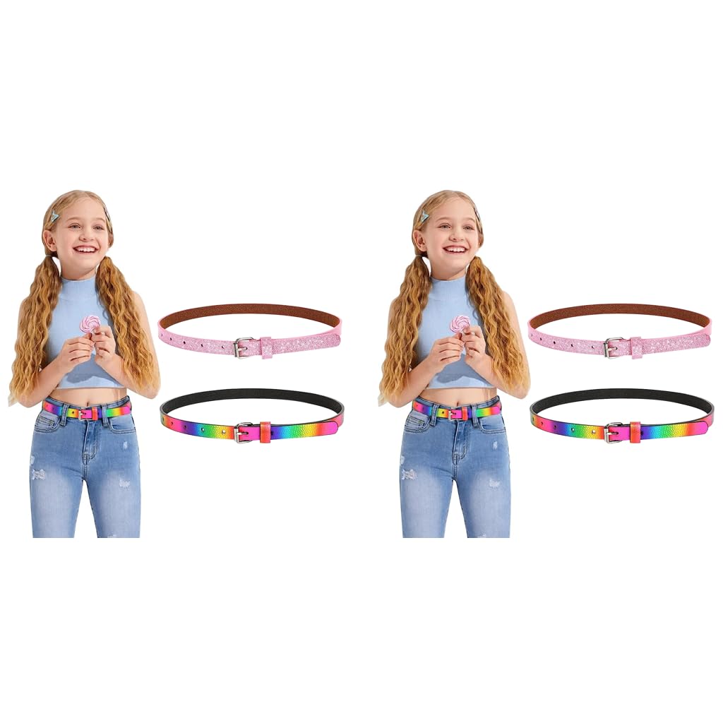 PALAY Girls Belt 4PCS Set with Metal Buckle 90cm PU Leather Glitter Pink & Rainbow for 6–12