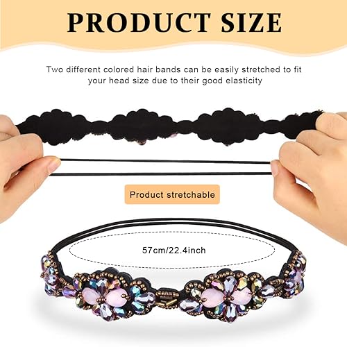 PALAY® 2pcs Beaded Headband for Women, Pearl Rhinestone Elastic Hair Bands Fashion Handmade Jewelry Headband for Girls Ladies