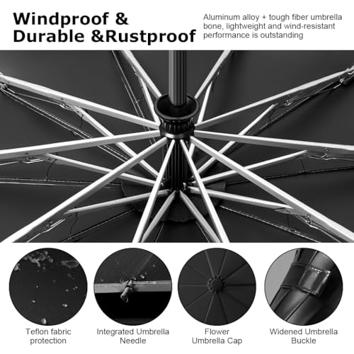 PALAY® Large Umbrella for Men Women with Reflective Strap 50 Inch Automatic Open Close Windproof Travel Folding Reinforced 10 Dual Ribs 99 UV Protection Carabiner Handle Design 3PCS