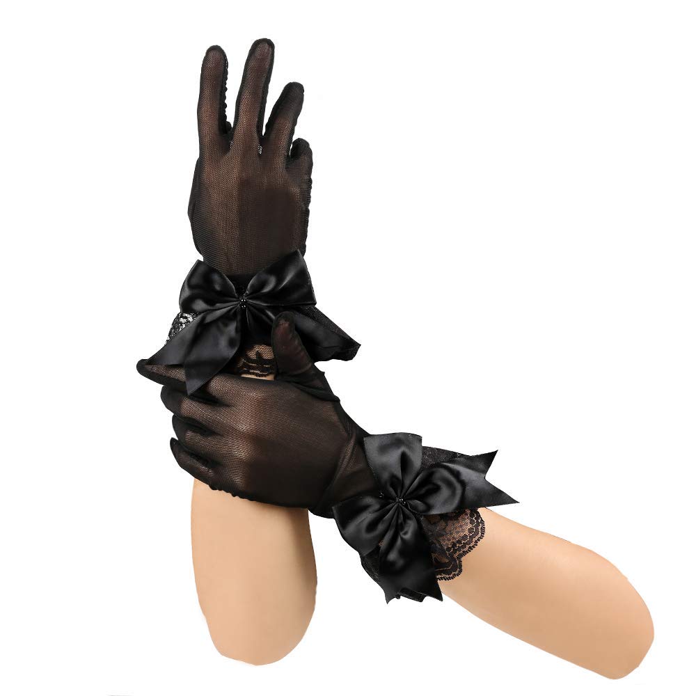 PALAY Lace Gloves for Women featuring 25 cm Short Design with Cute Wrist Bowknot | Elegant Bridal and Party Mittens