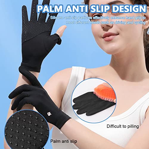 PALAY® Sun Protection Gloves & UV Arm Sleeves Combo for Women, Breathable Silk, Non-Slip, Touch Screen, Cooling, Full Finger & Open Tip, Outdoor Driving, Cycling, Gardening – Black
