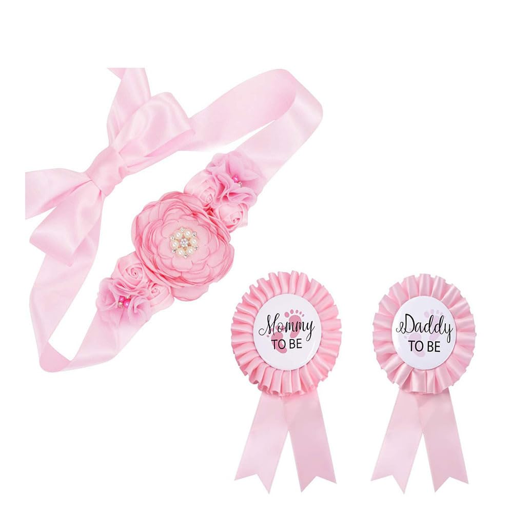 PALAY Mom to Be Decoration Set for Baby Shower with 70 in Chiffon Flower Sash | Pink