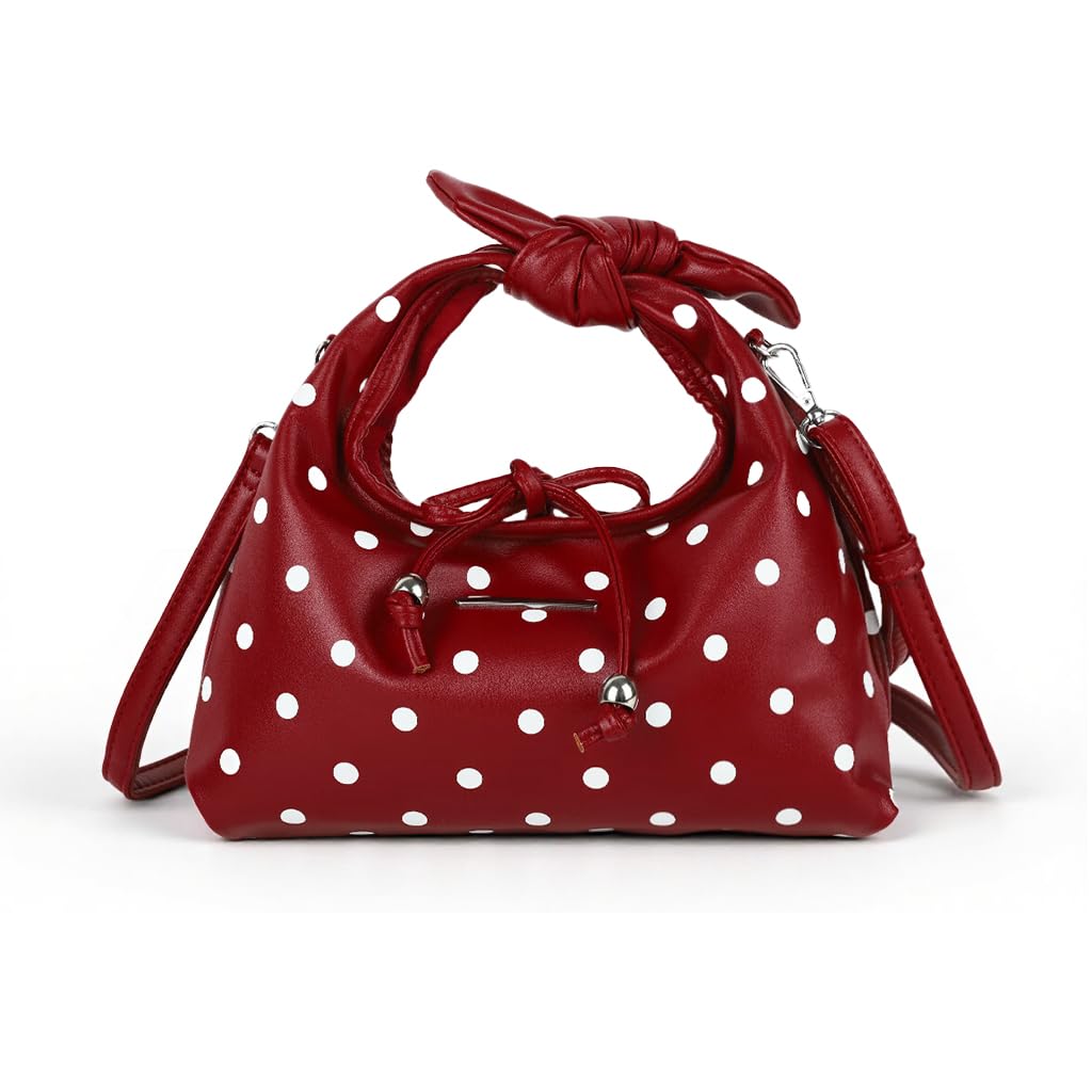PALAY® Tote Bag for Woman Polka Dot Bow Tie Hand Bags Red Vintage Pu Leather Crossbody Bag with Detachable Chain Strap Retro Slouchy Elegant Women Handbags