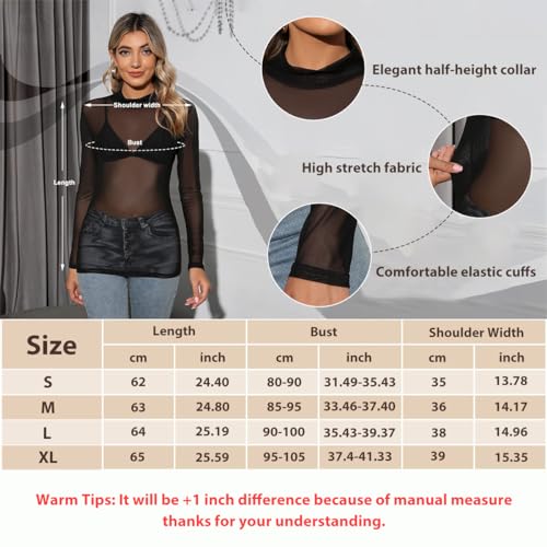 PALAY® Women's Mesh Tops High Neck See Through Shirts Short Sleeve Long Sleeve Bodycon Sheer Slim Fit Blouse Clubwear, M