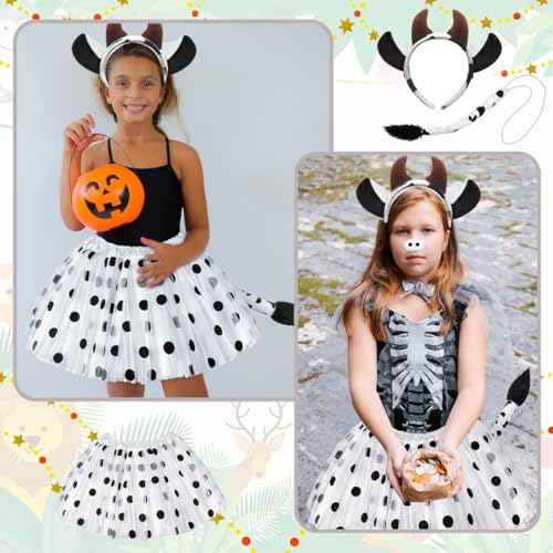 PALAY® Animal Tutu Skirt Costume Set, Halloween Animal Costume Accessories Headband Tail Ears Bow Tie Tail Tutu for Toddler Kids Fancy Dress Up Birthday Costume Cosplay, Cow