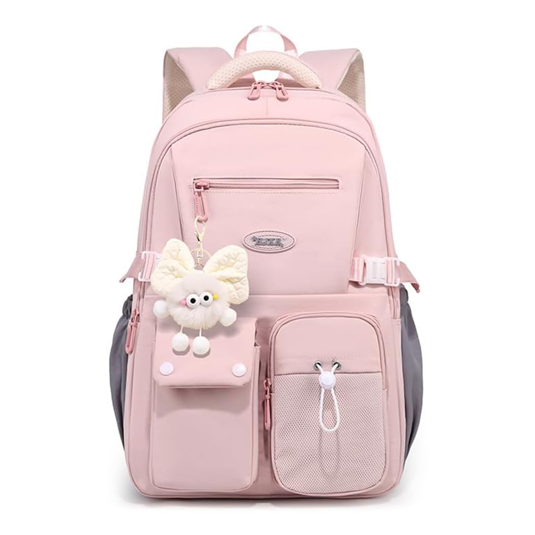 PALAY® Casual School Backpack Fashion Pink Travel Backpack with Plush Keychain, Multi-Compartment Oxford Cloth Splashproof Backpack with Side Pocket & Adjustable Straps for School & Daily Use