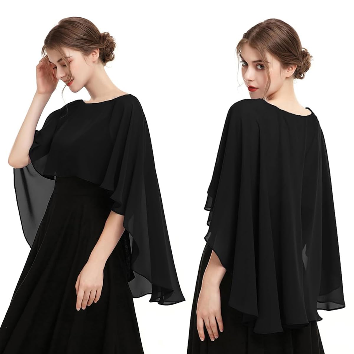 PALAY® Chiffon Shawl Wraps Capelet Formal Cover Up for Evening Dresses Black Sheer Party Wedding Capes for Women Off-shoulder Sun Protection Coverup Top for Beachwear, Gown, Strapless