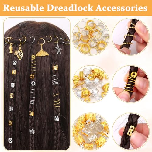 PALAY® 292pcs Hair Jewelry for Braids, Assorted Dreadlocks Hair Braiding Charms, Stylish Metal Hair Pendants Coils Rings Clips Hair Accessories for Women Girls