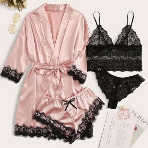 PALAY® Women Lingerie Underwear Suit Set of 12PCS Silk Lace Longsleeve Robe Black Bra Thong M