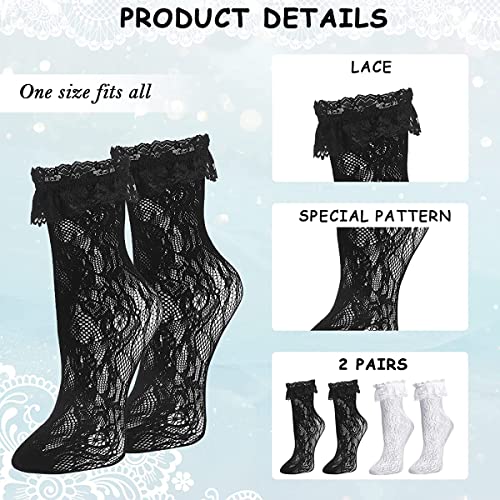 PALAY® 2 Pairs Knee High Socks for Girls, Loose Lolita Lace Socks for Teen Girls Kids, Fishnet Calf-High Socks Stockings Fashion Sweet Ruffle Long Socks - Black & White Set