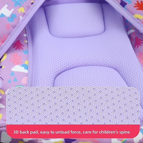 PALAY® Girls School Backpack Unicorn Cartoon Primary Bookbag for Travel Camping Waterproof Burden-Relief Gift Kids 5-10 Years Old Purple 3 PCS
