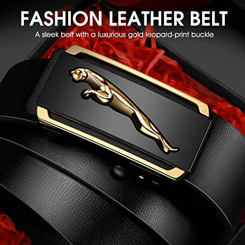 PALAY® Leather Belt Auto Adjustable with Lock Buckle for Men,Fashion Golden Leopard Pattern Design,Long 130cm