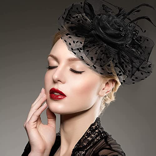 PALAY® Black Fascinator Hats for Women Flower Mesh Feathers Headband Cocktail Tea Party Headwear Vintage Ladies Hair Clip Fascinators