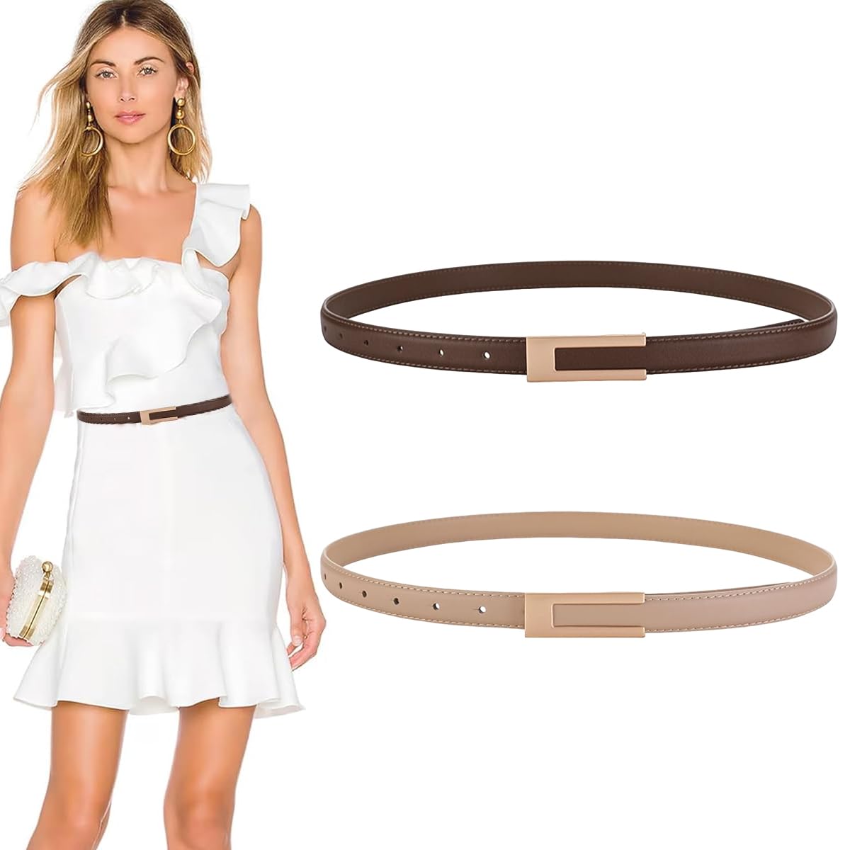 PALAY Waist Belt for Women Dresses featuring Interlock Buckle and 40in Adjustable Fit | Brown and Cream PU Slim Design