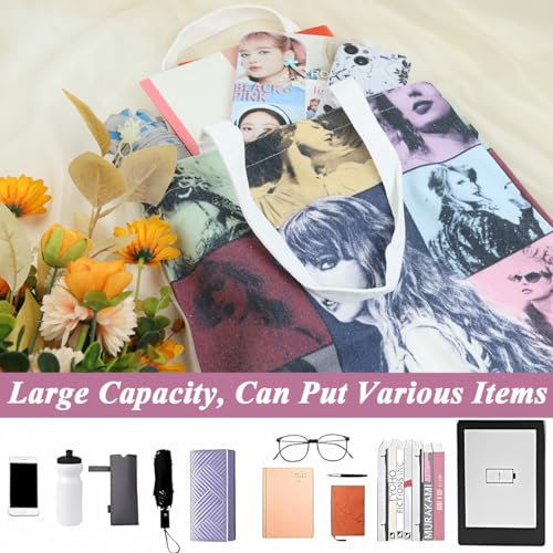 PALAY® Girls Tote Bag Taylor Swift Print Canvas Bag Cartoon Picture Print Shopping Bag Zipper Bag Book Bag Taylor Swift Fans Merchandises