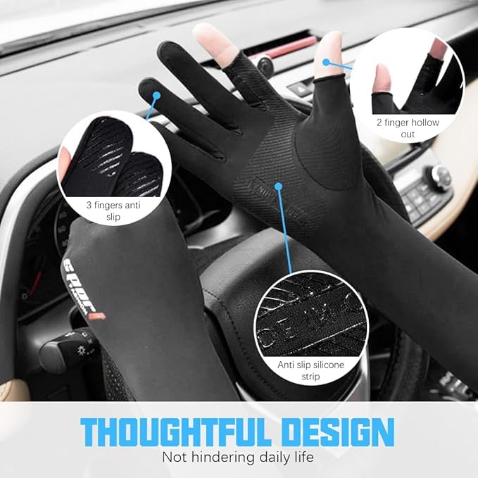 PALAY® 2 Pairs Sun Protection Gloves for Women Men, Ice Silk UV Cooling Full Arm Sleeves Non-Slip Touchscreen Design Open Finger Tips, Breathable Hand Gloves for Cycling, Driving, Outdoor Activities