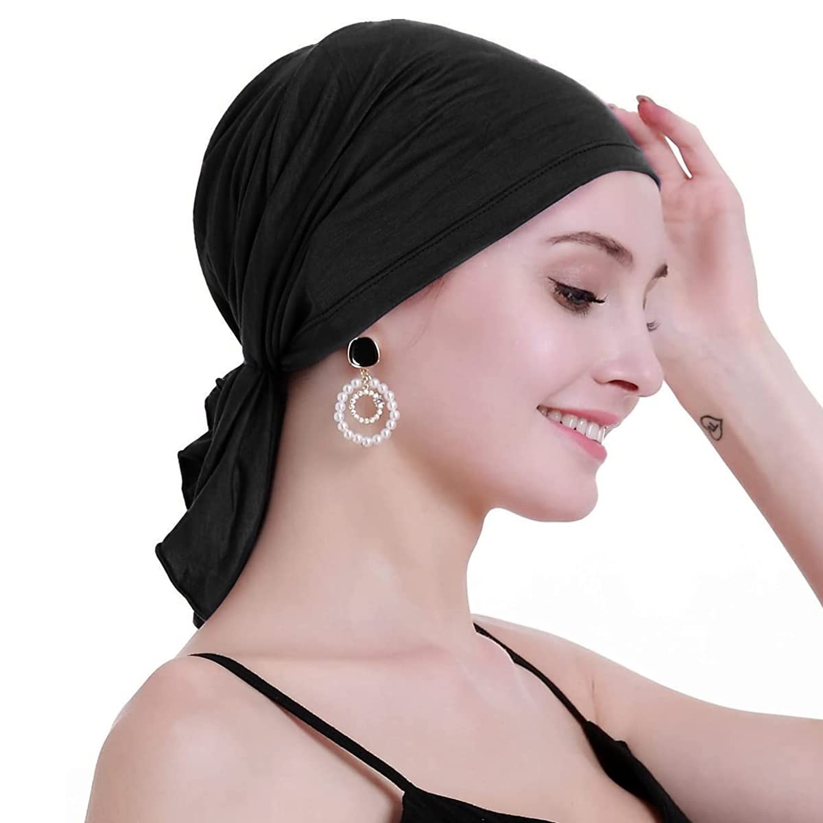 PALAY® Head Scarf for Women Cotton Elastic Chemo Caps Headwear Turban, Pre-tied Slip On Cancer Cap Headwrap Headscarf for Hair Loss or Thin Hair - Black