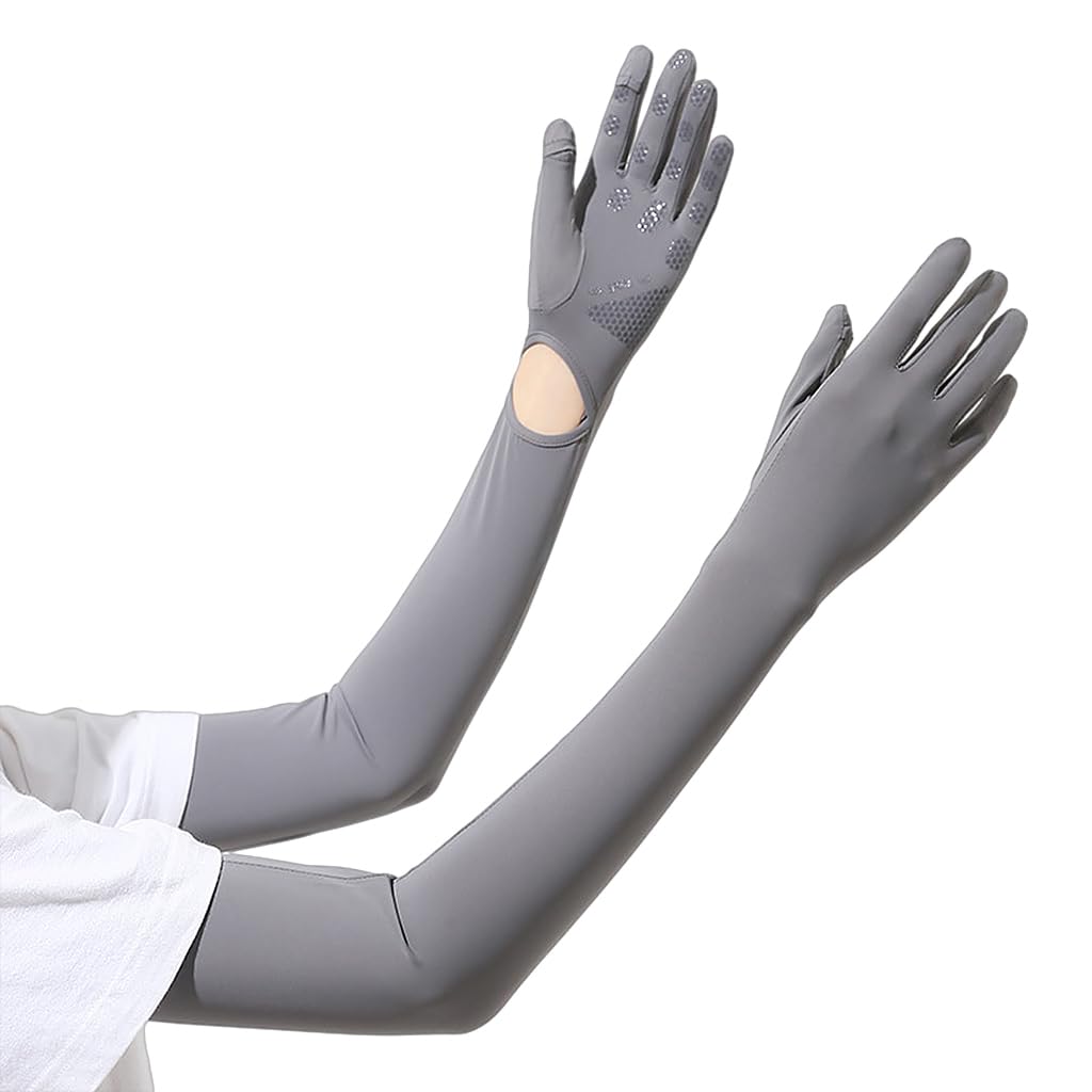 PALAY® UV Protection Arm Sleeves Nylon Ice Silk Arm Sleeves with One Piece Gloves, Open Finger Tip & Anti-slip Palm Design Outdoor Cool Arm Sleeve for Driving, Cycling, Gardening- Grey