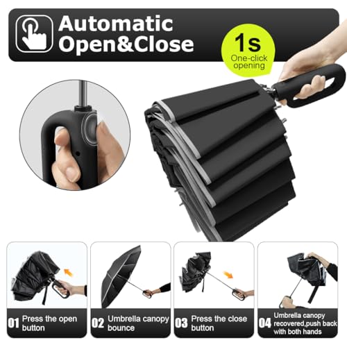 PALAY® 50 Inch Large Umbrella with Reflective Strip Auto 3-Fold Compact Travel Carabiner Handle Reinforced 10 Dual Ribs Sun Protection 99 UV Rain Windproof for Men Women Black 3PCS