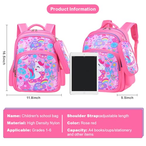 PALAY® School Backpack Pencil Pouch Pink Unicorn Print School Backpack for Schoolgirls, Waterproof Backpack for School, Travel, Camping Burden-relief Backpack School Gift for Kids 6-8Years Old