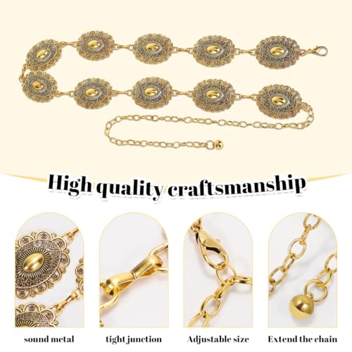 PALAY® Belt for Women Dresses Golden Metal Concho Hip Belt for Saree Fashion Vintage Waist Chain Adjustable Boho Western Ladies Belt Saree for Dresses Jeans Skirts X 2