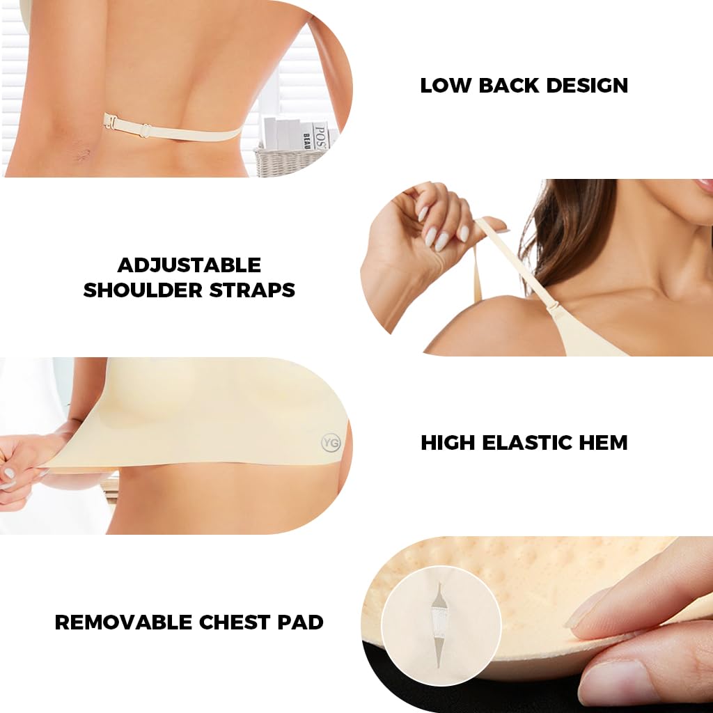 PALAY® Women's Low Back Seamless Bras Backless Multiway Convertible Adjustable Strap Halter Lifting Bra Spaghetti Strap Wire-Free with Padded Removeable, Beige, M