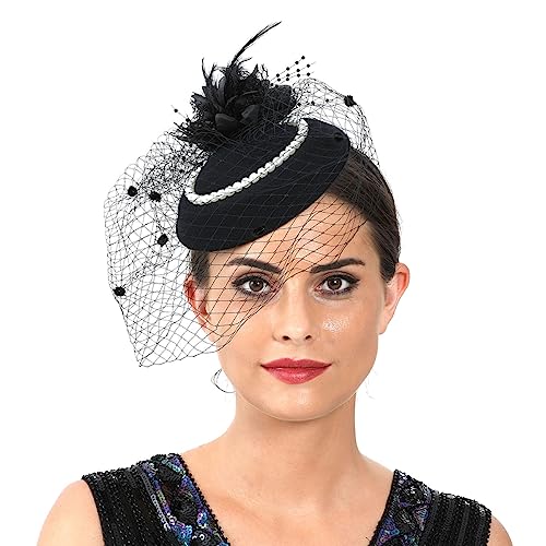 PALAY® Fascinator Hats for Women, Cocktail Tea Party Hat, Clip/Headband Flower Fascinator with Mesh Veil, Vintage Feather Headwear for Wedding Halloween - Black