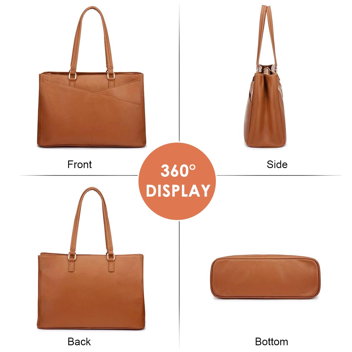 PALAY Tote Bag for Women with 15.6 in Laptop Compartment and Waterproof PU Leather | Brown Office Handbag