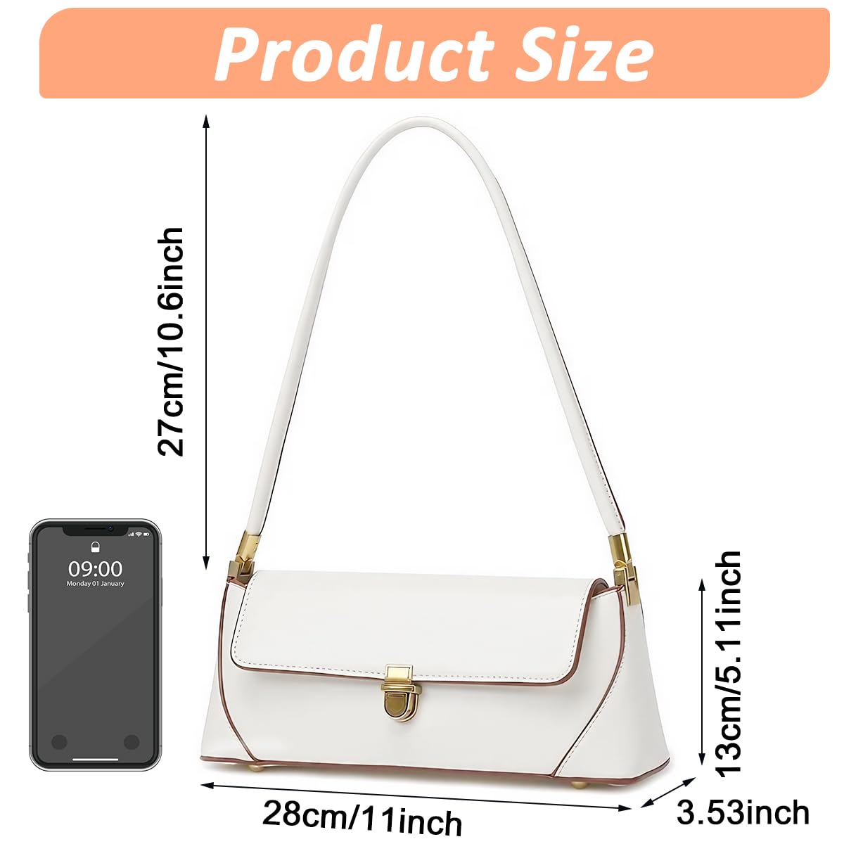 PALAY® Women Shoulder Bag Chic Hand Bag for Women Elegant White Evening Bag Fashion Golden Metal Buckle Design Hand Bag PU Leather Shoulder Bag, 28x9x11cm