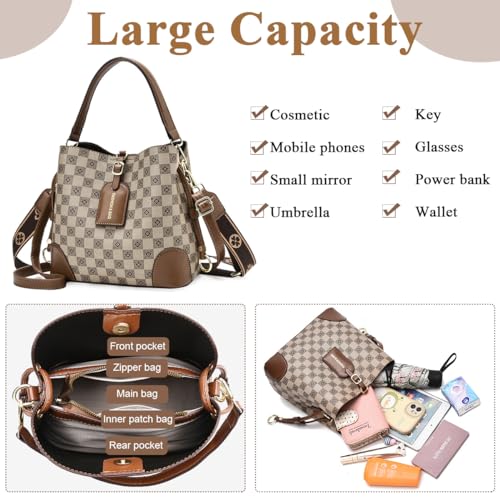 PALAY® PU Bucket Bag for Women Fashion Check Pattern Crossbody with Detachable Shoulder Belt Daily Versatile 2 PCS