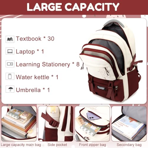 PALAY® Girls Backpack School with Small Zipper Pouch Fashion Red Nylon Padded Shoulder Straps Handle Design Multi Compartment Large for Camping Travel 3 PCS