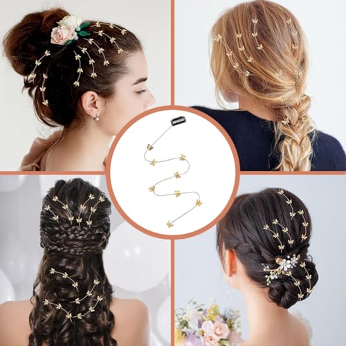 PALAY® 4Pcs Butterfly Hair Chains Bling Tassel Hair Clips Chains for Braids Stylish 20.5 Inch Golden Bride Clip in Hair Tinsel Hair Accessories for Women Girls Party Wedding