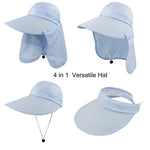 PALAY® Blue Women Sun Wide Brim UV Protection Fishing Hat with Foldable Ponytail Summer Hats with Detachable Flaps