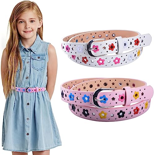 PALAY® 2 Pack Belt for Girls, Stylish PU Leather Girls Belt, Flower Hollow Cut Waist Belt for Jeans Pants Dress for Kids Girl 6-12 Years Old