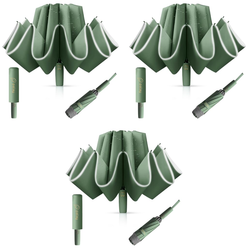 PALAY Auto 3 Fold Large Umbrella for Travel with 50in Canopy and 10 Dual Ribs | Green UV Shield