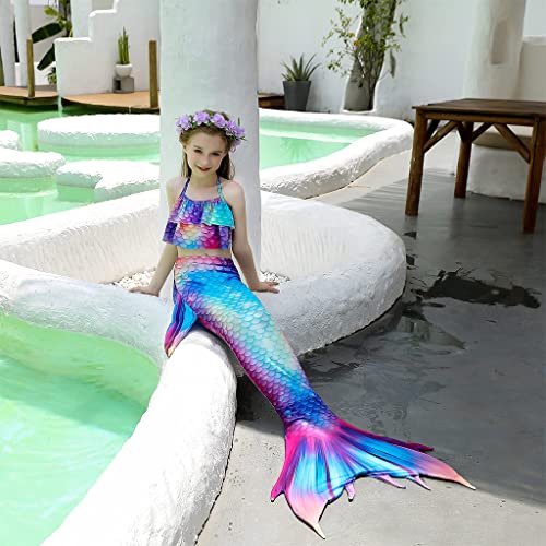 PALAY® Girls Swimsuit Mermaid Tail 3Pcs Swim Suit Set, Mermaid Princess Swimming Suit for Girls, Swimwear Bikini Kit Bathing Suit for Girls 6-7 Years Old