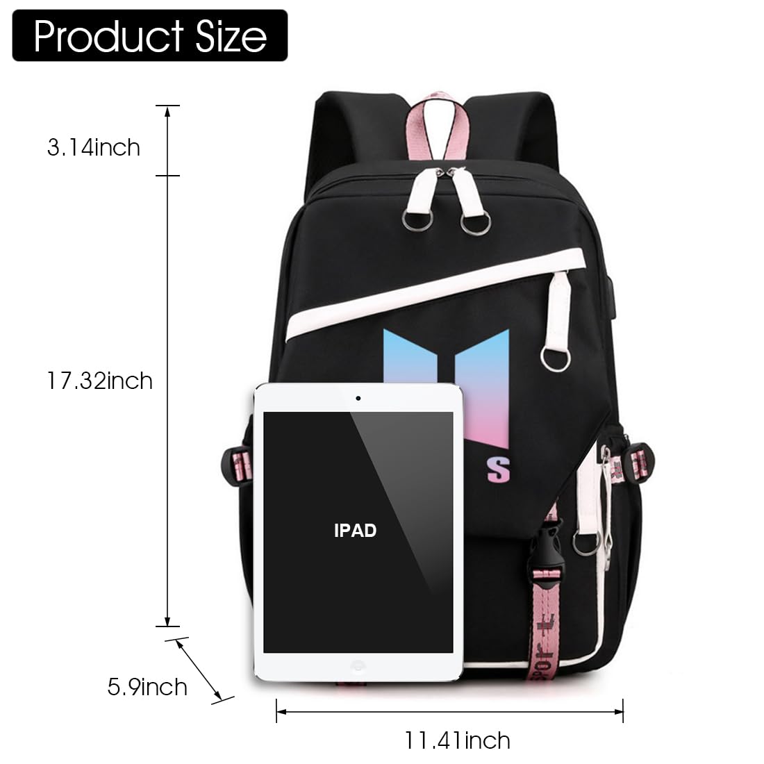 PALAY® BTS Bag for Girls, Kids Stylish Kpop Bangtan BTS School Backpack for Boys, Girls Student Bag for School, College Shoulder Backpack for Girls, Boys Laptop Bags BTS Gift Girls, Boys - Black