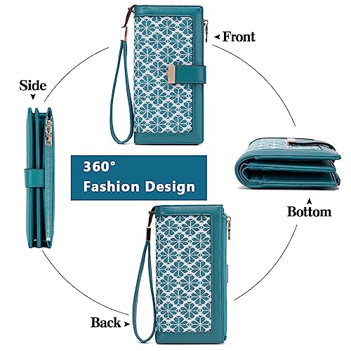 PALAY® Wallets for Women Girls Blue Bi-fold PU Leather Fashion Card Coin Holder Ladies Long Purse Vintage Embroidery Hand Purse Women